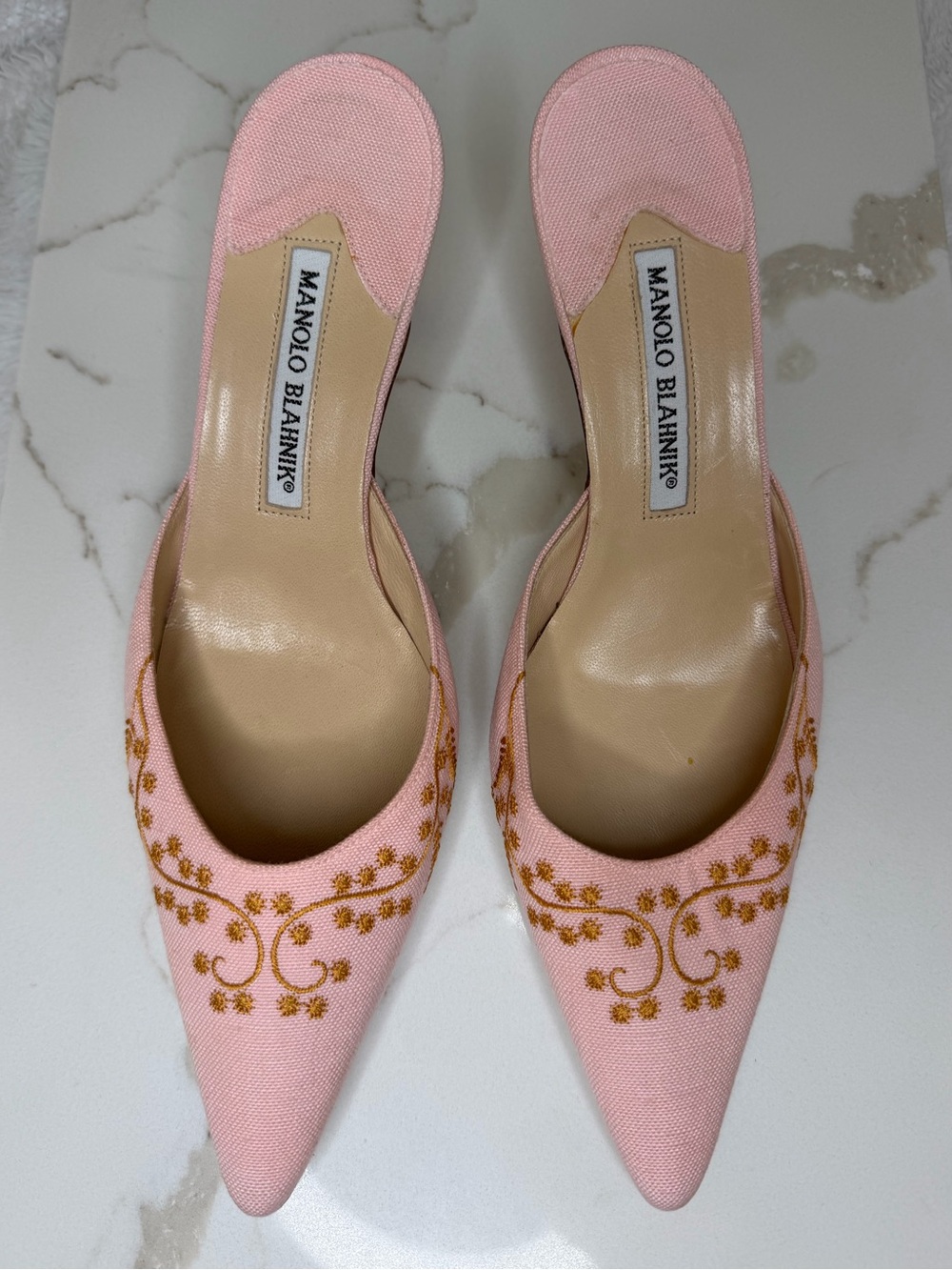 Manolo Blahnik Pink Pointed-Toe Mules with Gold Embroidery